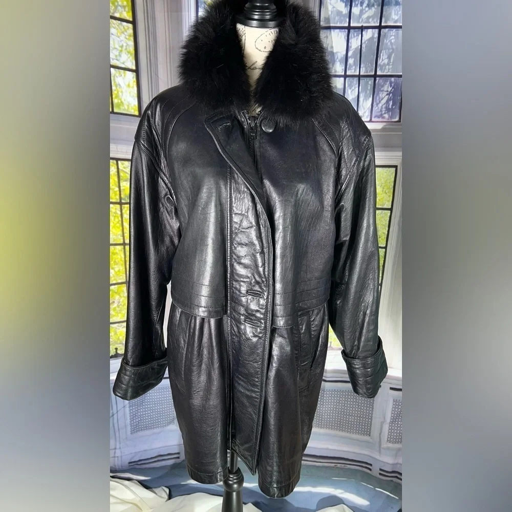 Vintage Black Leather Coat Fox Fur Trim Hood - Picture 6 of 6